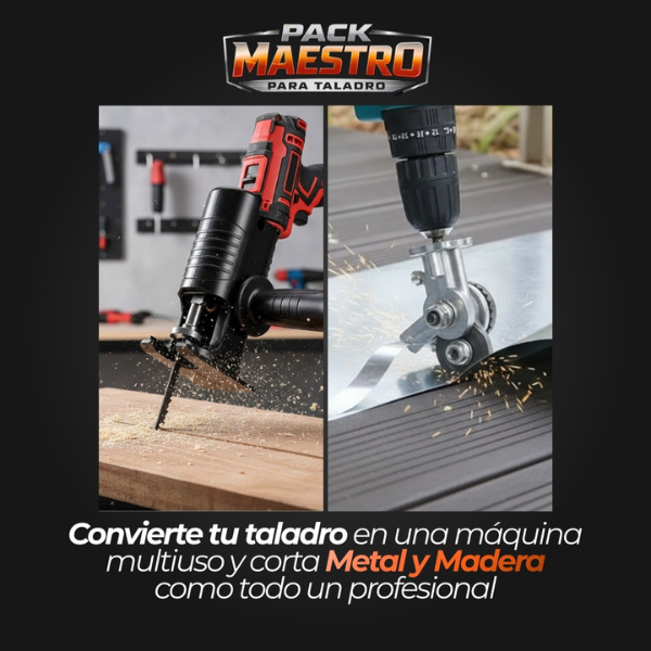 PACK MAESTRO PARA TALADRO - Cortador de Metal + Adaptador de Sierra Caladora Profesional