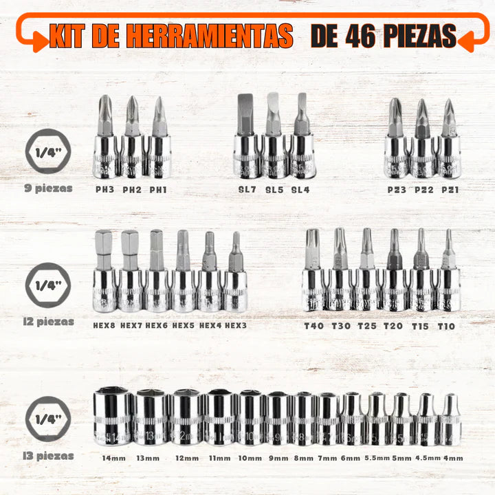 Set 46 Piezas de Herramientas + Nivel Laser de REGALO 🎁