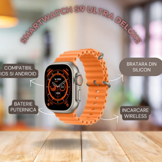 Ceas Smartwatch S9 Ultra, Deluxe Edition, Incarcare Wireless, Notificare Apel, Ritm Cardiac, Monitorizare Somn cu 2 Bratara din Silicon