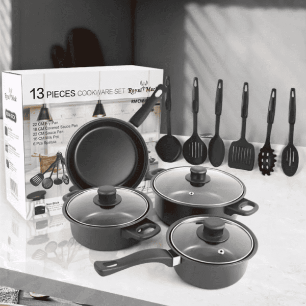 Set de 13 Piezas de Cocina | 3 Ollas Antiadherentes + 1 Sarten Antiadherente + Utensilios 🔥 50% OFF 🔥