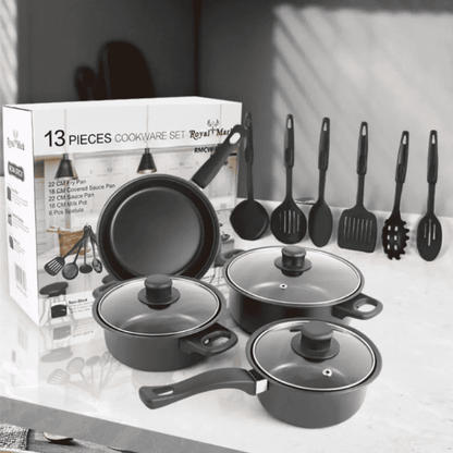Set de 13 Piezas de Cocina | 3 Ollas Antiadherentes + 1 Sarten Antiadherente + Utensilios 🔥 50% OFF 🔥